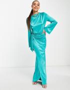 Asos Design Long Sleeve Knot Tie Waist Detail Maxi Dress In Teal Blue-blues