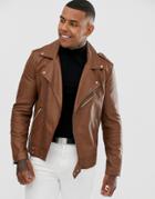 Asos Design Leather Biker Jacket In Tan