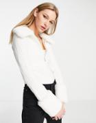Asos Design Fur Trim Cardigan With Checkerboard Stitch In Cream-white