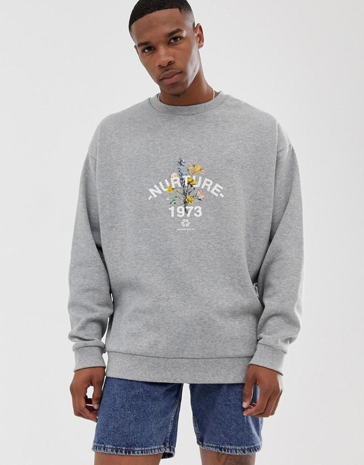 Asos Design Oversized Sweatshirt With Wet Look Floral Print In Gray Marl