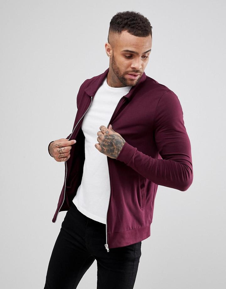 Asos Lightweight Muscle Jersey Harrington Jacket In Burgundy - Red