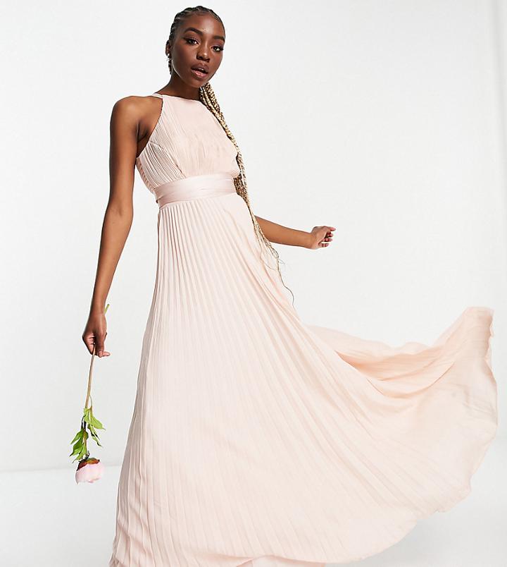 Asos Design Tall Bridesmaid Pleated Pinny Maxi Dress With Satin Wrap Waist-pink