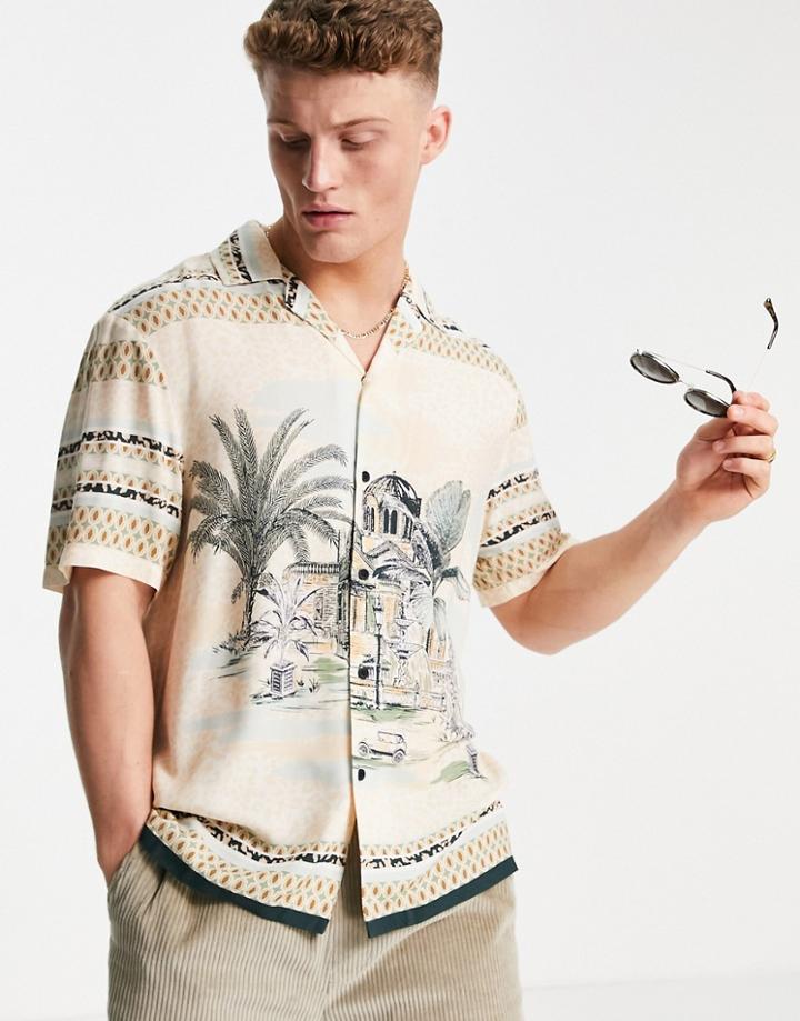 River Island Short Sleeve Pique Shirt In Stone-black