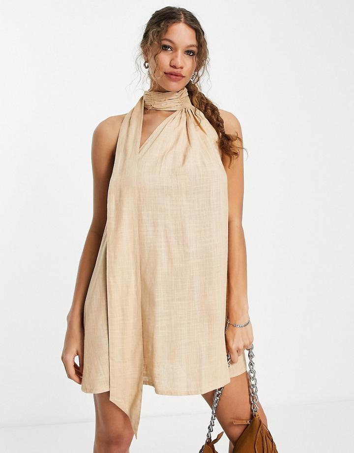 Asos Design One Shoulder Mini Swing Sundress In Linen With Neck Tie In Dark Stone-neutral