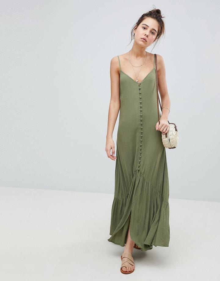 Asos Design Button Through Maxi Dress In Crinkle - Green