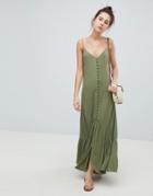 Asos Design Button Through Maxi Dress In Crinkle - Green