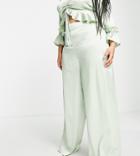 Flounce London Plus Wide Leg Satin Pants In Dusty Sage - Part Of A Set-green