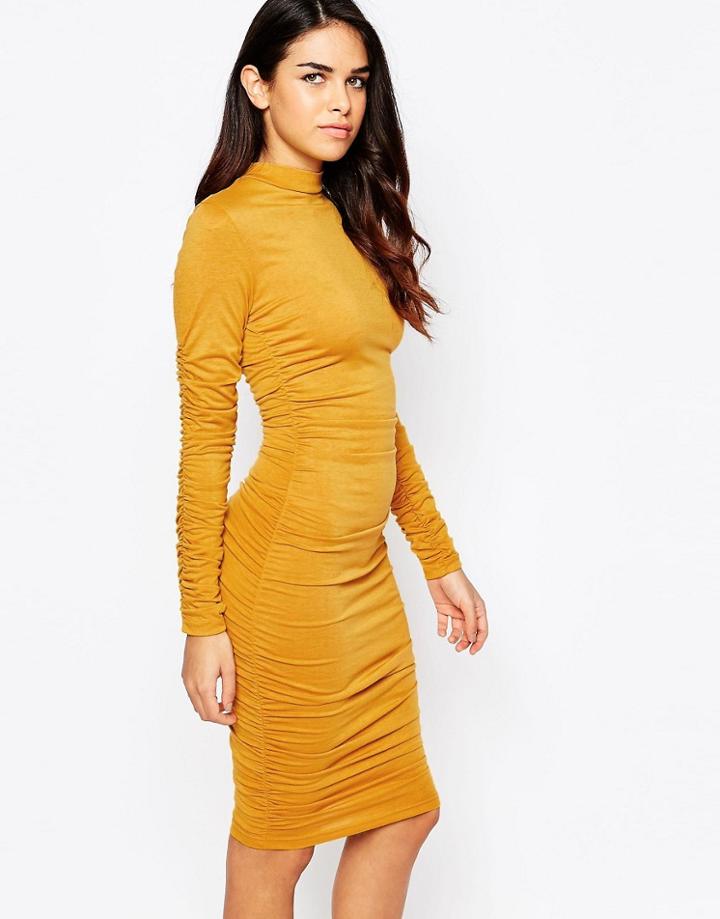 Ax Paris Long Sleeve Bodycon Dress With Ruching - Mustard