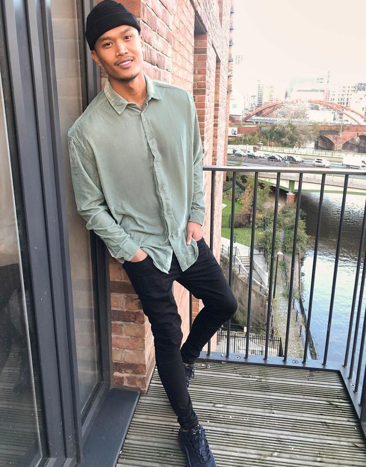 Asos Design 90s Oversized Velvet Shirt In Sage Green