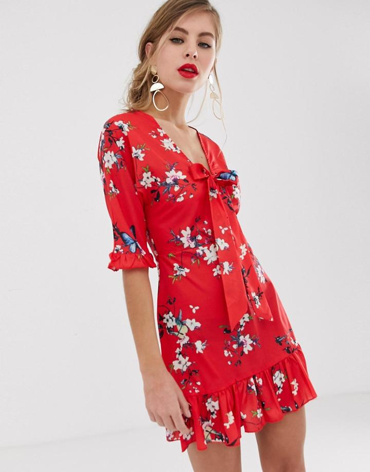 Parisian Tie Front Skater Dress In Red Floral - Red