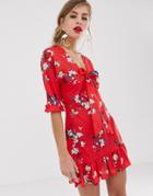 Parisian Tie Front Skater Dress In Red Floral - Red