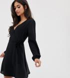 New Look Petite Long Sleeve Wrap Mini Dress In Black