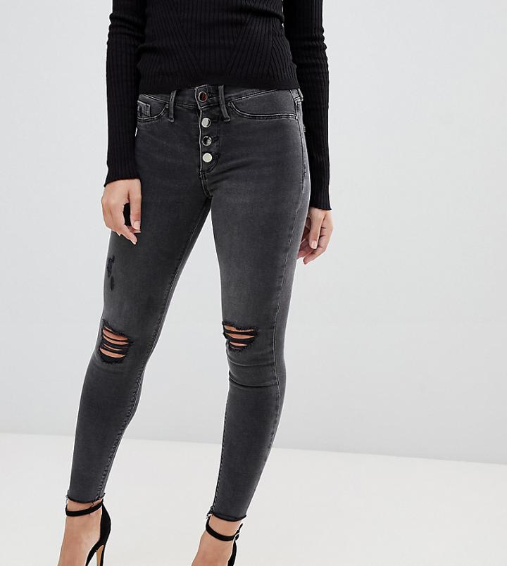 River Island Petite Molly Skinny Jeggings With Distressed Knee In Washed Black - Black