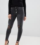 River Island Petite Molly Skinny Jeggings With Distressed Knee In Washed Black - Black