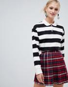 Monki Rugby Collar Top In Black And White Stripe - Multi