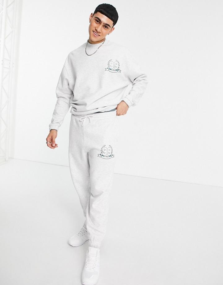 Asos Design Oversized Sweatpants In White Heather With Logo Print - Part Of A Set