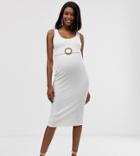 Asos Design Maternity Textured Wooden Ring Belted Midi Dress - White