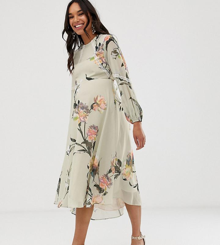 Hope & Ivy Maternity Floral Long Sleeve Skater Midi Dress-multi