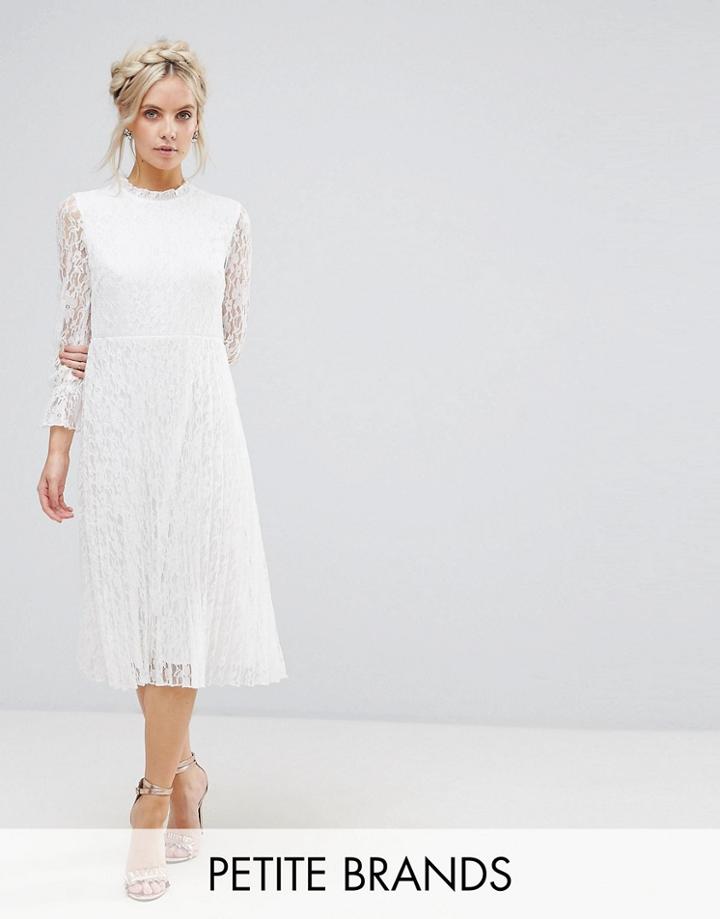 Little Mistress Petite Frilly High Neck Allover Lace Skater Dress - Cream