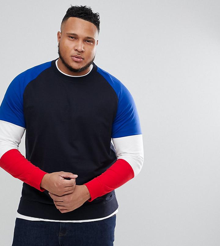 Only & Sons Plus Crew Neck Sweat With Contrast Color Block Sleeves - Navy