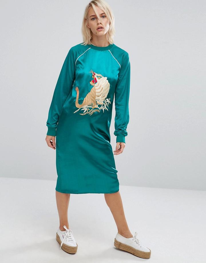 Asos Satin Front Dress With Tiger Embroidery - Green