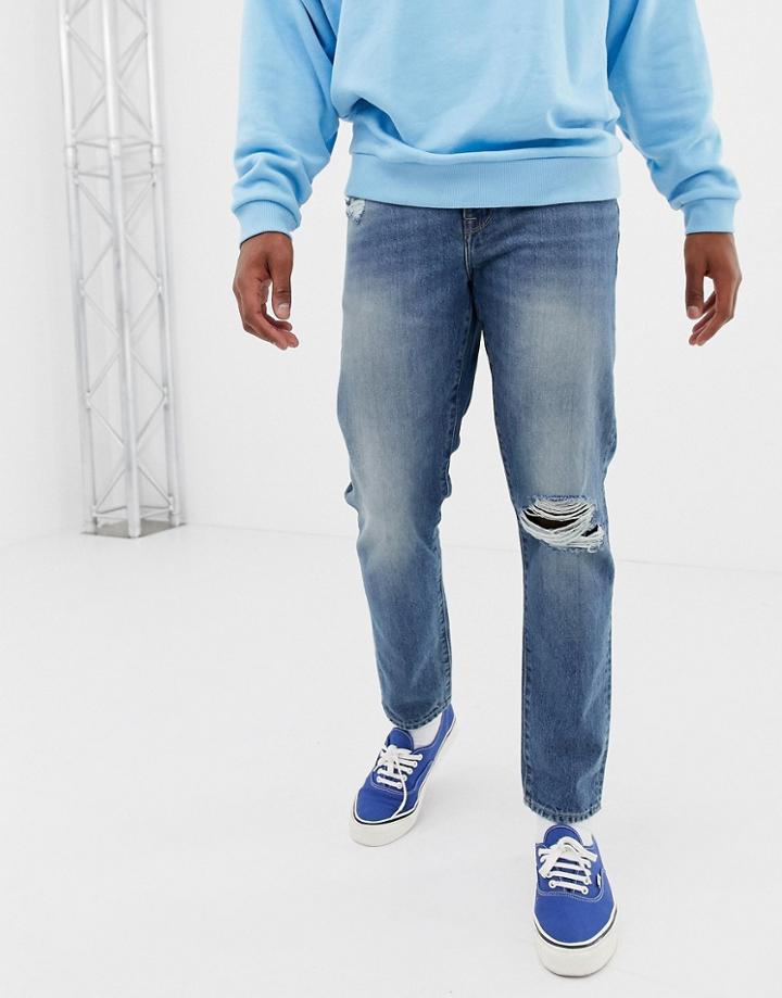 Asos Design 12.5oz Slim Jeans In Vintage Mid Wash With Knee Rips - Blue