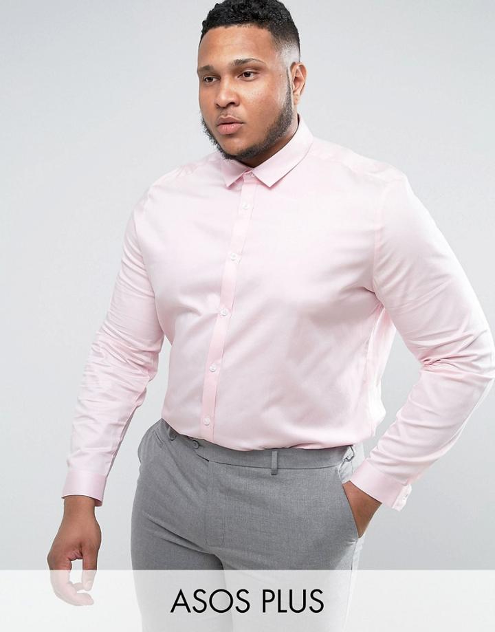 Asos Plus Wedding Slim Fit Sateen Shirt In Pink - Pink