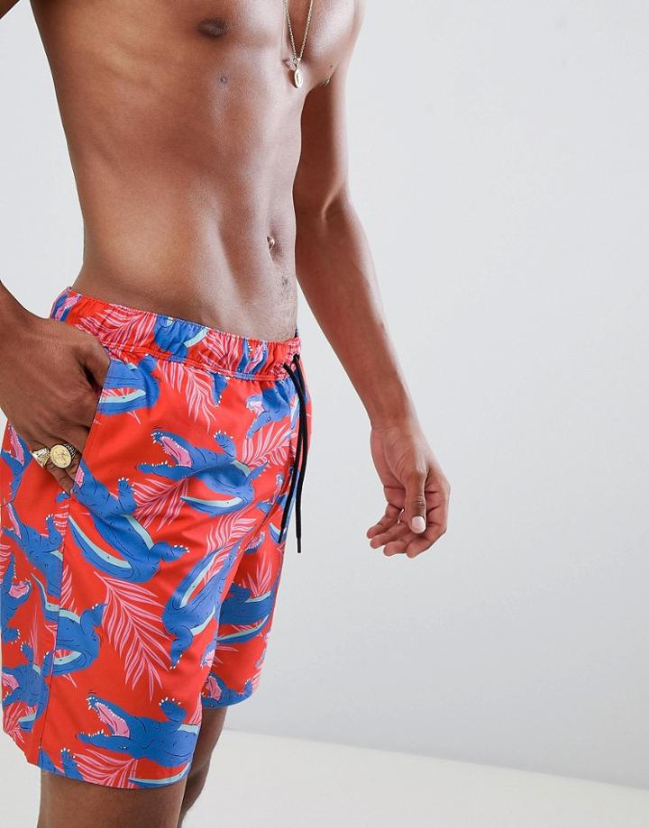 Asos Design Swim Shorts With Crocodile Print In Mid Length - Red
