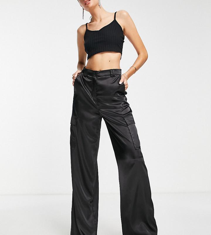 Asos Design Tall Satin Wide Leg Cargo Pants In Black - Part Of A Set