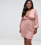 Asos Design Curve Satin Mini Dress With Blouson Sleeve - Pink