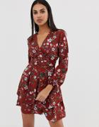 Prettylittlething V Neck Tiered Tea Dress In Red Floral - Brown