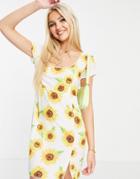 Asos Design Square Neck Cap Sleeve Mini Dress In Sunflower Print-multi