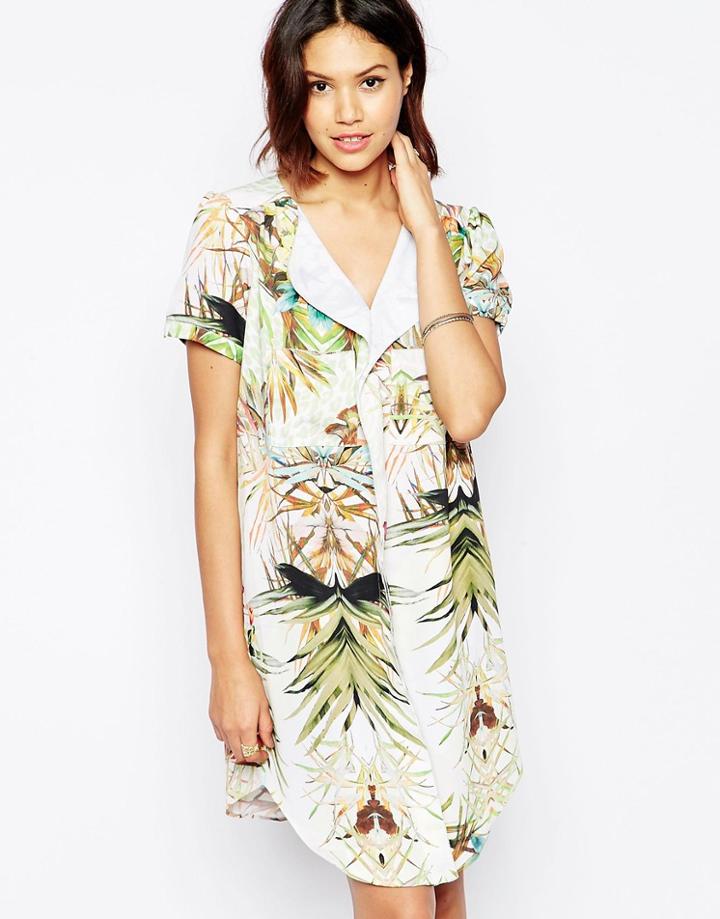 Traffic People Hawaiian Leopard Stitch Shift Dress - Cream