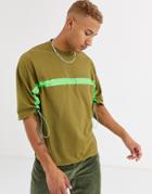Asos Design Oversized T-shirt With Half Sleeve And Neon Drawcord-green
