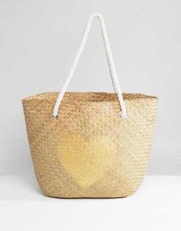 South Beach Natural Straw Beach Bag With Gold Heart - Multi