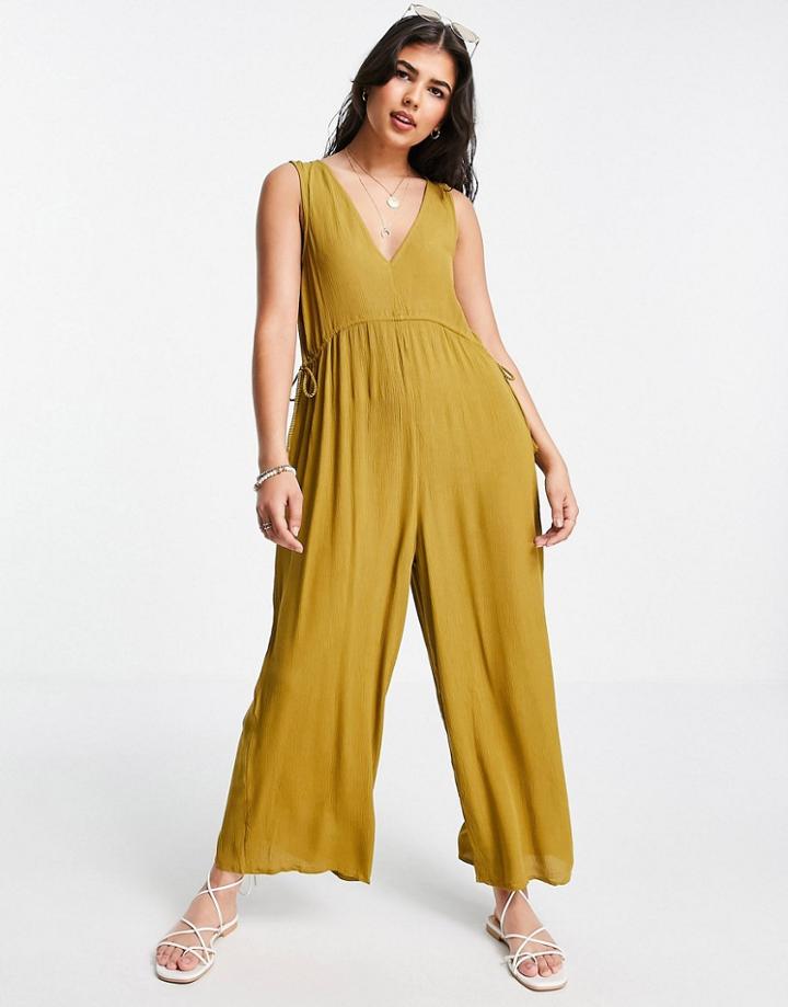 Asos Design Rope Drawstring Waist Detail Jumpsuit In Khaki-green