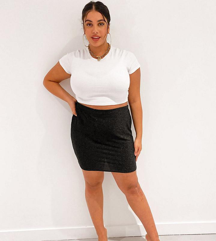 Fashionkilla Plus Glitter Mini Skirt In Black