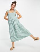 Asos Design Square Neck Tie Shoulder Tiered Maxi Dress In Sage Green