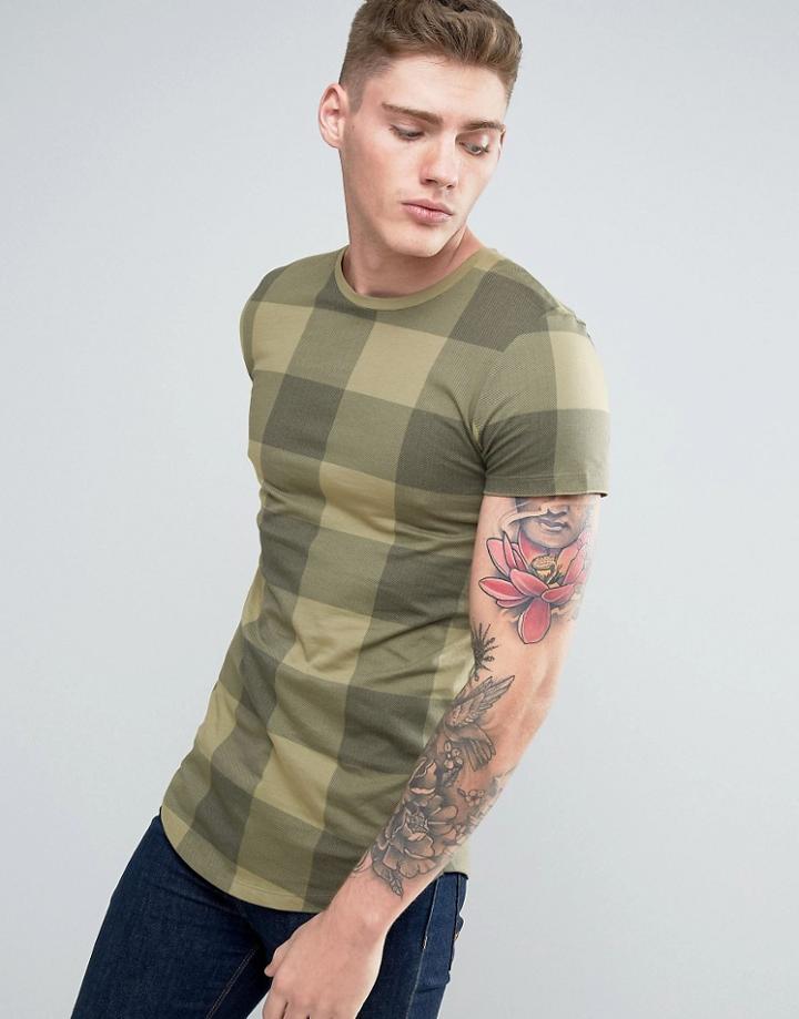 Jack & Jones Longline T-shirt With Curved Hem In Check Print - Green