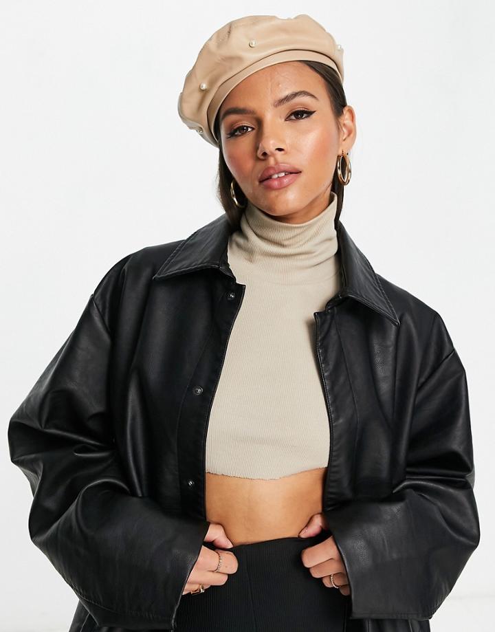 Svnx Pu Leather Pearl Trimmed Beret In Beige-gray