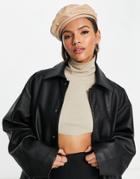 Svnx Pu Leather Pearl Trimmed Beret In Beige-gray