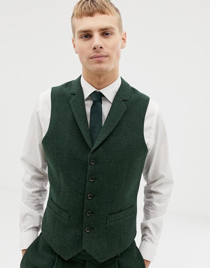 Asos Design Wedding Slim Suit Vest In Green Wool Mix Herringbone - Green