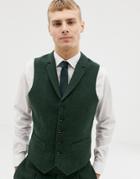 Asos Design Wedding Slim Suit Vest In Green Wool Mix Herringbone - Green