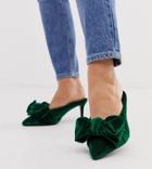 Asos Design Wide Fit Wonder Pointed Mid-heeled Bow Mules In Forest Green Velvet - Green