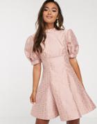 Keepsake Wonder Brocade Puff Sleeve Mini Dress-pink