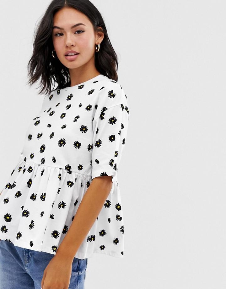 Asos Design Smock Top In Ditsy Print-white