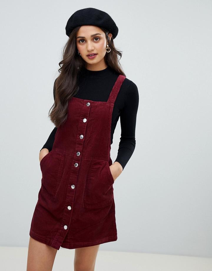 Miss Selfridge Cord Pinny Dress In Burgundy - Red
