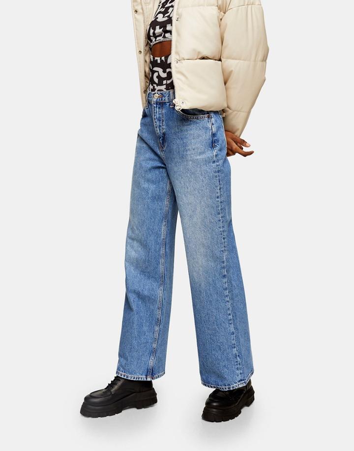 Topshop Slim Wide Leg Jeans In Mid-wash Blue-blues