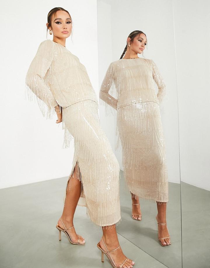 Asos Edition Sequin & Fringe Midi Pencil Skirt In Blush-silver