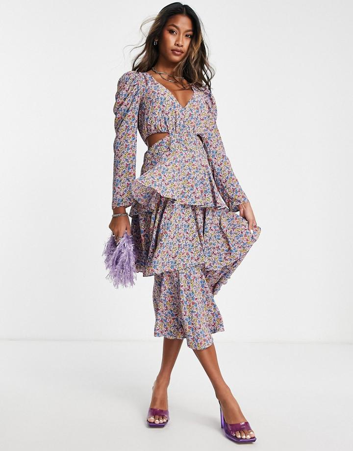 Topshop Cut Out Side Tiered Ditsy Midi Dress In Multi